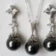 Black Pearl Jewelry Set, Swarovski Black Pearl Silver Set, Charcoal Pearl Earrings Necklace Set, Wedding Black Jewelry, Black Pearl Pendant