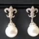 Pearl Bridal Earrings, Swarovski White Pearl Wedding Earrings, Fleur de lis Pearl Silver Earrings, Wedding Pearl Jewelry, White Pearl Studs