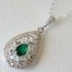 Emerald Crystal Teardrop Necklace, Green Cubic Zirconia Bridal Necklace, Wedding Emerald CZ Pendant, Bridal Emerald Jewelry, Green Pendant