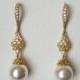 Gold Pearl Chandelier Bridal Earrings, Swarovski White Pearl Dangle Earrings, Wedding Gold Pearl Classic Earrings, Gold Pearl Bridal Jewelry
