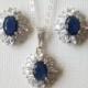 Navy Blue Crystal Bridal Jewelry Set, Sapphire Halo Studs Pendant Wedding Set, Blue Cubic Zirconia Bridal Set Navy Dainty Jewelry Bridal Set