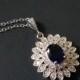 Navy Blue Halo Wedding Necklace, Sapphire Blue Crystal Oval Necklace, Blue CZ Wedding Necklace, Sapphire Bridal Necklace Dark Blue Pendant