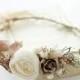 Ivory flower crown wedding, brown floral wreath bridal, peony flower headband, cream flower wedding crown