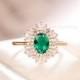 Lab Emerald Halo Engagement Ring Vintage Oval engagement ring rose gold Antique Unique Anniversary ring Baguette Diamond/CZ Accents