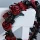 Gothic wedding flower crown, Burgundy black crown, Wedding floral headpiece