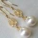 Gold Pearl Bridal Earrings, Swarovski White Pearl Chandelier Earrings, Wedding Pearl Jewelry, Pearl Dangle Bridal Earrings, Wedding Jewelry