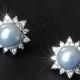 Light Blue Pearl Earring Studs, Swarovski Blue Pearl Silver Earrings, Sky Blue CZ Halo Bridal Earrings, Wedding Bridesmaids Blue Jewelry