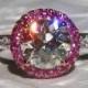 Old European Cut (OEC) Moissanite in Pink Sapphire Halo Diamond Engagement Ring, Moissanite Engagement Ring