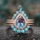 Vintage pear shaped Alexandrite engagement ring set art deco Rose gold ring set turquoise Wedding ring set Bridal ring set Anniversary ring