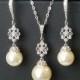 Pearl Bridal Jewelry Set, Swarovski Ivory Pearl Silver Earrings Necklace Set, Pearl Chandelier Earrings, Ivory Pearl Pendant Wedding Jewelry