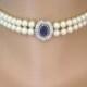 Vintage Pearl Choker Necklace, Montana Sapphire Rhinestone Pendant, Attwood & Sawyer