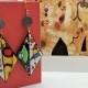 Wooden painted earrings inspired by Miro Art. Geometrical dangle statement earrings.Colorful inspirational women gift. 24k gold plated hooks