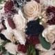 Burgundy and navy blue cascading bouquet, sola wood flowers