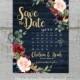 Elegant Rustic Navy Floral Fall Wedding Save The Date Card,Calendar,Burgundy,Blush,Navy Blue,Roses,Gold Print,Shimmery,Printed Card