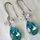 Turquoise Teardrop Crystal Earrings, Swarovski Light Turquoise Bow Earrings, Light Teal Dangle Wedding Earrings, Teal Bow Bridal Earrings