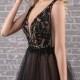 Black prom dress open back, tulle black dress with lace and sequins, deep V neckline dress on custom order, tulle prom dress colored 043
