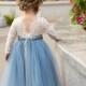Full Length Dusty Blue Tulle Lace Top Scalloped Edges Back Party Flower Girl Dress