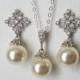 Bridal Pearl Jewelry Set, Swarovski Ivory Pearl Earrings Necklace Set, Pearl Drop Silver Bridal Set, Wedding Earrings, Ivory Pearl Pendant