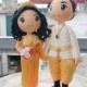 Cambodian wedding cake topper clay doll, traditional wedding costume clay miniature