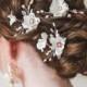 Off white silk flower bridal hair pins Cream blossom flower wedding hair pins Rose gold crystal hair pins Set of 3 Bridesmaid gift hairpins