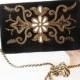 Vintage Black Velvet Evening Bag Pearl Trim, Beaded Black Velvet Clutch Handbag, EB-0583