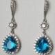 Blue Crystal Wedding Earrings, Aquamarine Teardrop Bridal Earrings, Aqua Blue Silver Chandelier Earrings, Wedding CZ Blue Dangle Earrings
