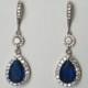 Blue Crystal Bridal Earrings, Wedding Sapphire CZ Halo Teardrop Earrings, Royal Blue Silver Dangle Earrings, Dark Blue Statement Earrings