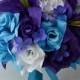 Wedding Bouquet, Bridal Bouquet, Bridesmaid Bouquet, Silk Flower Bouquet, Wedding Flower, 17 Pcs, Turquoise, Purple, Malibu, Lily of Angeles