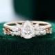 Pear shaped Moissanite engagement ring set vintage Unique diamond Cluster engagement ring set rose gold wedding Bridal promise ring set