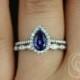 Tabitha 8x5mm & Christie 14kt White Gold Blue Sapphire Diamonds Art Deco Pear Halo Wedding Set Rings,Rosados Box