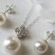Pearl 925 Sterling Silver Bridal Jewelry Set, Swarovski White Pearl Earrings&Necklace Set White Pearl Studs Wedding Bridesmaid Pearl Jewelry