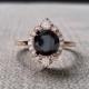 Black Moissanite Diamond Engagement Ring Halo Bohemian Art Deco Indian Vintage Antique 14K Rose Gold Exclusive "The Jasmine"