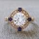Estate Halo White Sapphire Diamond Antique Engagement Ring Victorian Art Deco Edwardian 14K Yellow Gold "The Charlotte"