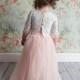 Blush Pink Tulle Two Piece Skirt, Romantic White Lace Flower Girl Dress, Boho Beach Wedding, Crochet Dress