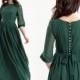 Emerald Maxi Dress With Pearl Buttons And Sleeves / Women formal chiffon closed dress / Green wedding party long gown / Floor length dress