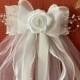 First Communion Veil ,White Satin Ribbon Rose on a Sheer Bow Veil with Ribbon and Pearl Streamers New