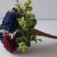 Burgundy And Navy Blue Sola flower bouquet with frosted eucalyptus greenery and burlap ribbon, bridesmaid bouquet. Available in 11 colors