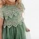 Boho Sage Lace Flower Girl Dress, Romantic Green Toddler Tulle Wedding Gown, Rustic Mint Crochet, Bohemian, Eucalyptus