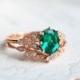 Olivia Emerald Engagement Ring, Floral Emerald Ring, Oval Emerald Ring Set, Rose Gold Bridal Set, Woodland Wedding, 14K 18K Gold Platinum