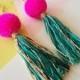 Pink, Gold & Green Statement Tassel Earrings - Sterling Silver, Gold or Silver Plated Hardware - Vegan Friendly -