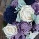 Dusty Lavender, Navy Blue, and Cream Wood Flower Bouquet with Silver Dollar Eucalyptus and Dusty Miller, Bridal, Bridesmaid, Flower Girl