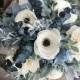 Wooden flower bouquet, anemone and dahlia bouquet, slate blue, eucalytpus, boho wedding bouquet, ivory and dusty blue, Sola wood flowers