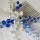 Blue Crystal White Pearl Hair Comb, Sapphire Blue Hair Piece, Wedding Headpiece, Blue Crystal Pearl Floral Hairpiece Blue White Hair Jewelry