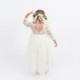 White Lace Flower Girl Dress, Ivory Tulle Long Sleeve Wedding dress, Floor Length Boho Ball Gown
