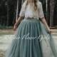 Beautiful Bridal Flower Girl Dress Set Lace Crop Top and Long Layered Princess Tulle Skirt Set - Sage Green