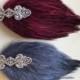 Silver Great Gatsby headbands, burgundy feather, slate gray feather, bridesmaids Valentine's Day bridal wedding, flapper beaded fascinator