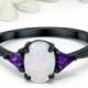 Fashion Ring Oval Lab Created White Opal Triangle Simulated Purple Amethyst Black Gold PL 925 Sterling Silver Round