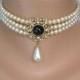 Vintage SPHINX Pearl Choker, 3 Strand Pearls, Vintage Pearls, Faux Onyx, Bridal Pearls, Vintage Wedding, Cream Pearls, Choker Signed SPHINX