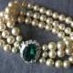 Pearl And Emerald Bracelet, Vintage 3 Strand Pearl Bracelet, Cream Pearl Cuff, Emerald Bridal Bracelet, 1950s Jewellery, Vintage Wedding