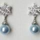 Light Blue Pearl Earrings, Swarovski Light Blue Pearl Drop Silver Earrings, Blue Pearl Bridal Earring, Flower CZ Pearl Earrings Blue Jewelry
